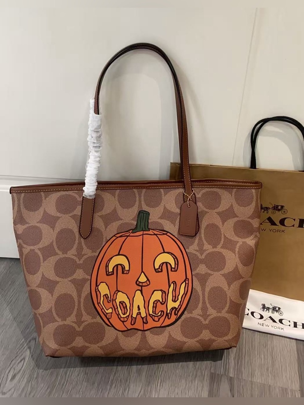 Coach Brown Signature Canvas Tote with Pumpkin Graphic